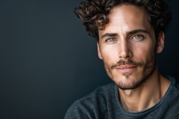 Man With Curly Hair and Blue Eyes - obrazy, fototapety, plakaty