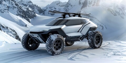 Mid size suv concept with a snowboard on the roof