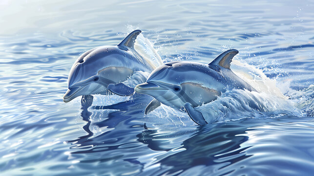 This image depicts two grey dolphins emerging from the water