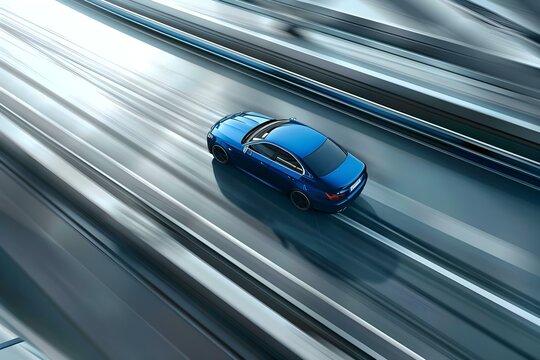 Blue business car skillfully navigating a highspeed turn on a highway reflecting sleekness and speed as it rushes along. Concept Luxury Vehicles, High-speed Driving, Highway Travel, Car Photography