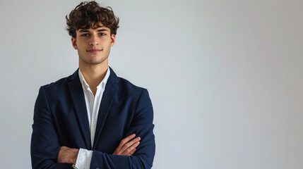 Young businessman radiates confidence, arms crossed, on white backdrop. - obrazy, fototapety, plakaty