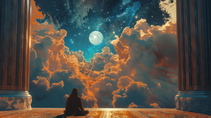 Person in contemplation facing a starlit sky and full moon from an open mosque doorway. Reflective and serene Ramadan night concept for design and print