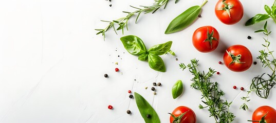 Fresh organic tomatoes, basil, rosemary, and peppercorns on a white background