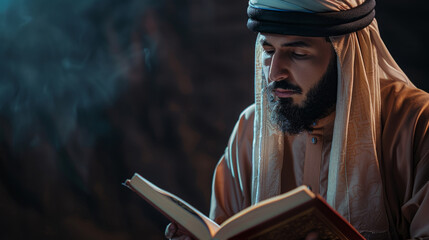 A Muslim man in traditional clothes reads the Koran on a dark background. The concept of spiritual practice for celebrating Ramadan and Eid al-Adha for design and printing - obrazy, fototapety, plakaty