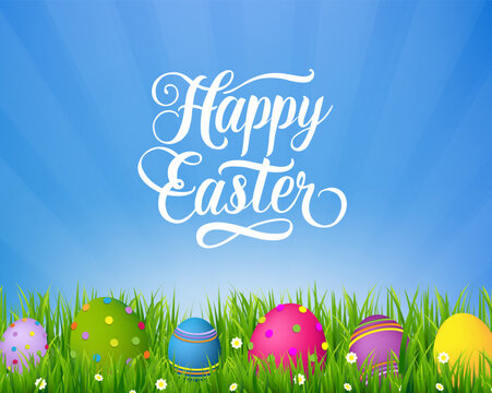 Happy Easter Banner With Text And Green Grass Border With Easter Eggs