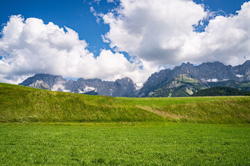 Sommerliche Alpenlandschaften - grüne Wiese mit dem Wilden Kaiser Gebirge im Hintergrund.