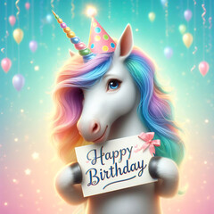 Beautiful unicorn with party hat holding a "happy birthday" sign, joyous card concept, shaded realistic style