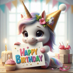 Small cute unicorn with party hat holding a "happy birthday" sign, joyous card concept, shaded realistic style