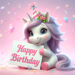 Small cute unicorn with party hat holding a "happy birthday" sign, joyous card concept, shaded realistic style