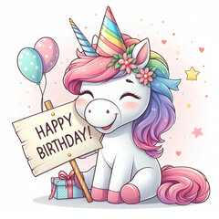 Small cute unicorn with party hat holding a "happy birthday" sign, joyous card concept, colorful drawing style