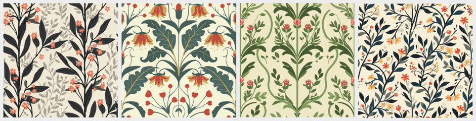 Set of botanical art nouveau delicate ornamental floral seamless pattern