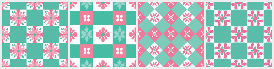 Set of pink and green portuguese delicate minimalist tiles seamless pattern