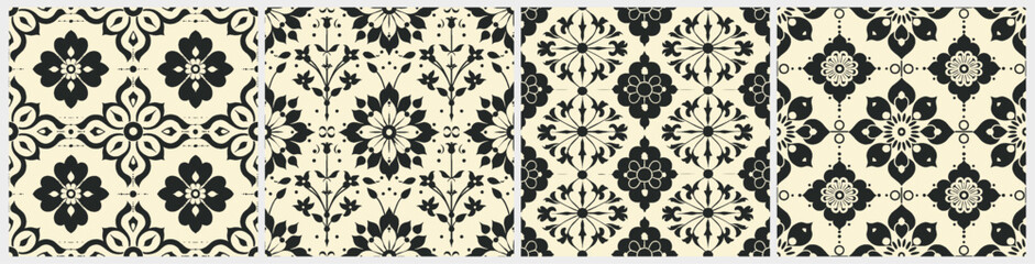 Set of  baroque delicate ornamental floral damask tiles seamless pattern - obrazy, fototapety, plakaty
