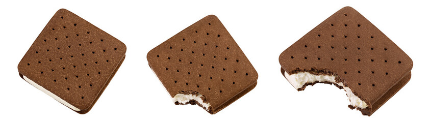 Ice cream sandwich with brown cookies isolated on white background. Top view. Flat lay