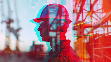 Double exposure combines a man's face and the structures of some kind of construction building. An engineer wearing a construction worker's helmet. Design for cover, poster, brochure or presentation.