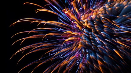 Dynamic fireworks with blue and purple trails. Long exposure shot for festive celebration