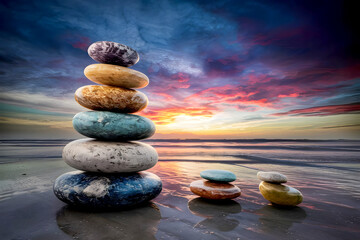 Obraz na płótnie Canvas A pile of rocks on a wet sand line of a quiet beach at sunset. Stones pyramid on the seashore at sunset. nature, beach, stone, summer, meditation, peace, relax