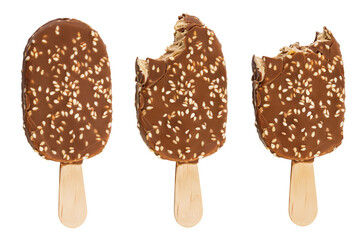 Bitten Ice cream bar with chocolate coating isolated on white background.