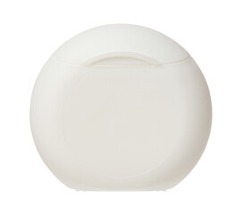 Round white plastic container with dental floss on isolated background