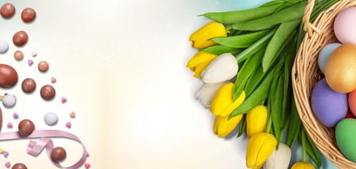 Easter frame with Colorful eggs on the desk