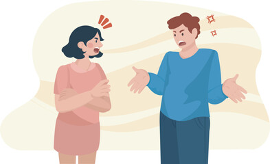 Vector illustration of heated argument between a young woman and man. Scene of family quarrel, disagreement and confrontation of partners.