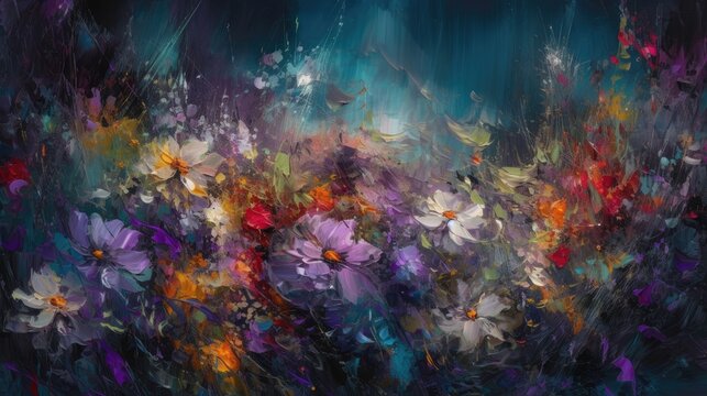 Abstract painting of flowers on a dark background.