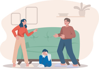 Vector illustration of parents fiercely arguing with a sad child covering ears and appearing distressed, portraying a family disagreement. Family conflict, marriage problems, child psychology concepts