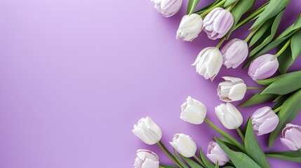 White tulips on a purple background with copy space for text. Banner for special offer, mothers day, congratulation. Shopping sales card. 