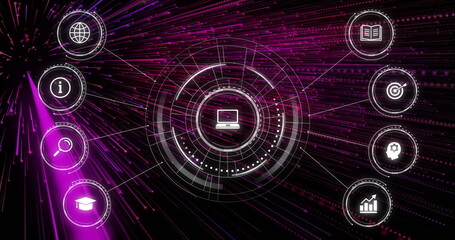 Image of network of connections with icons on black background