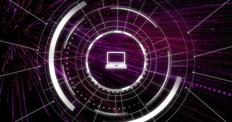 Image of network of connections with icons on black background