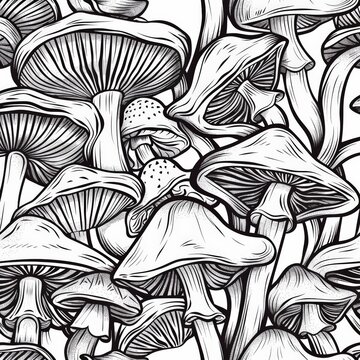 Detailed black and white drawing featuring various types of mushrooms with intricate details and shading