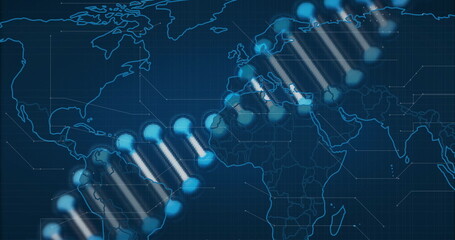 Image of dna strand over data processing and world map