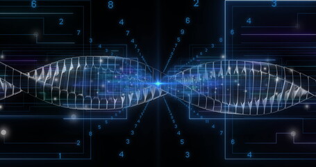 Image of dna strand over network of connections with glowing spots