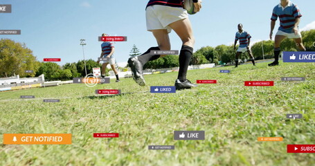 Image of social media notifications over caucasian male rugby players in match