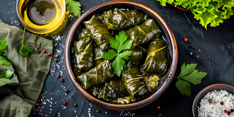 Traditional turkish dolma in grape leaves on dark background