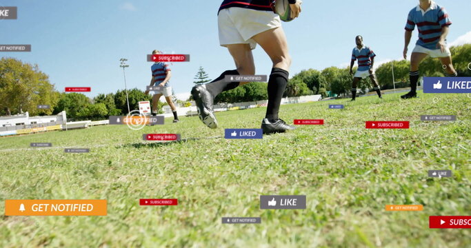 Image of social media notifications over caucasian male rugby players in match - Powered by Adobe
