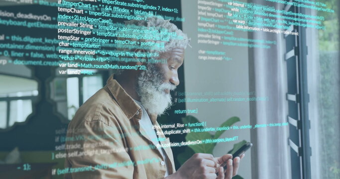 Image of data processing over senior african american businessman using smartphone - Powered by Adobe