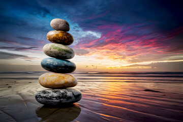 A pile of rocks on a wet sand line of a quiet beach at sunset. Stones pyramid on the seashore at sunset. nature, beach, stone, summer, meditation, peace, relax