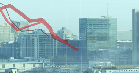 Image of red lines and financial data processing over buildings