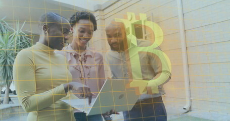 Image of bitcoin symbol and data processing over diverse business people in office