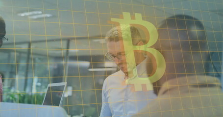 Image of bitcoin symbol and data processing over diverse business people in office