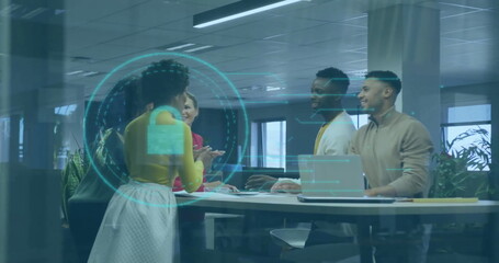 Image of padlock and data processing over diverse business people in office