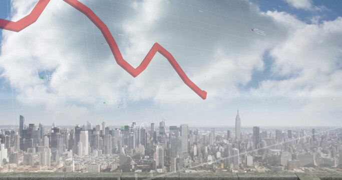 Image of red line and financial data processing over buildings