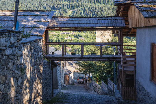 Narrow street in Mestia town, Svanetia region, Georgia