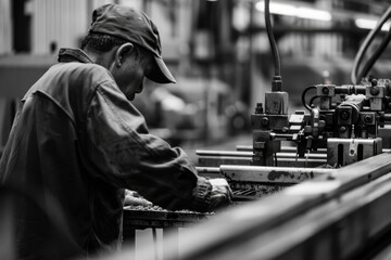 A man is working on a machine in a factory - obrazy, fototapety, plakaty
