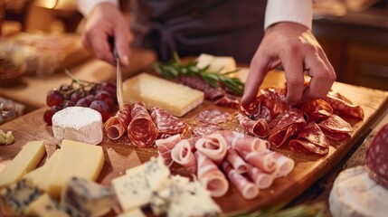 Naklejka na ściany i meble Hands arranging a variety of cured meats and cheeses on a wooden board. Gourmet charcuterie selection preparation in warm light