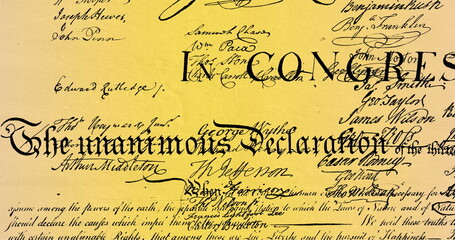 Digital image of written constitution of the United States moving in the screen against yellow and b - obrazy, fototapety, plakaty