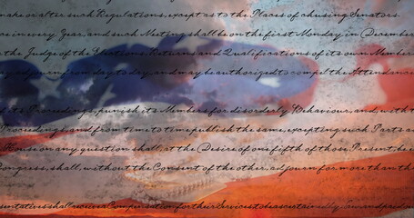Fototapeta premium Digital image of written constitution of the United States moving in the screen with flag while back