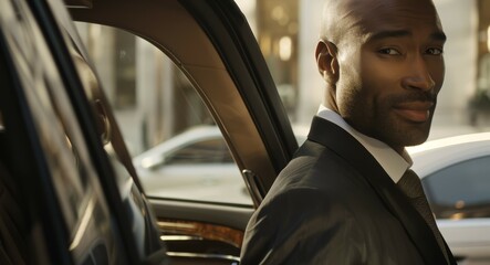 Businessman getting out of a luxury car. Close-up shot with cityscape reflection. Corporate lifestyle concept - obrazy, fototapety, plakaty