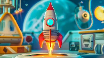 Cartoon space rocket launch scene